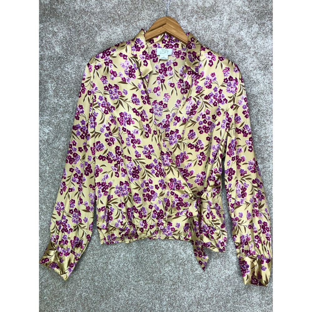 Ann Taylor LOFT Floral Silk Wrap Blouse Women 14 Gold Purple Cottagecore Spring
